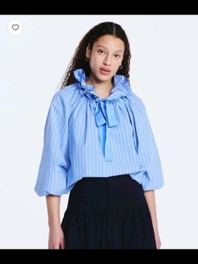 Free Assembly XL Poet Boho Hippie Blouse Blue Stripe Ruffled Collar Ribbon Tie